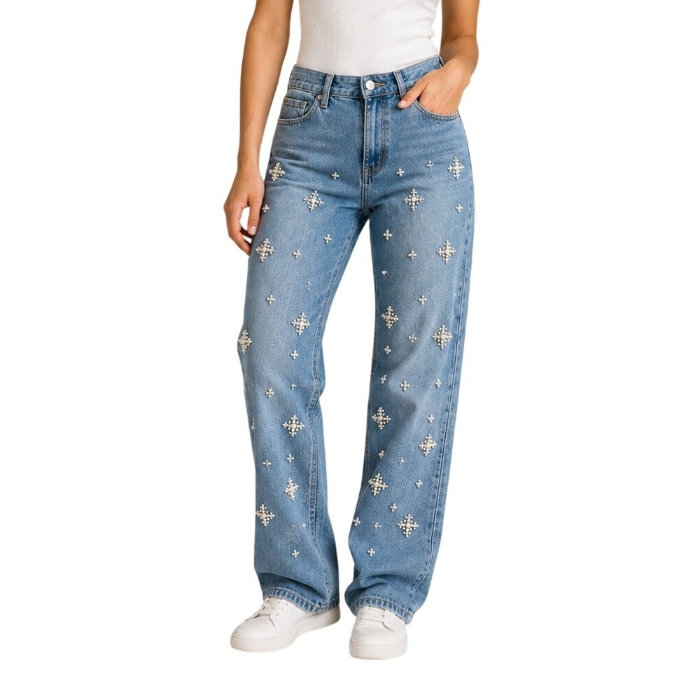 Banjara Light Wash Pearl Embellished High Rise Straight Leg Denim Jeans 1/24